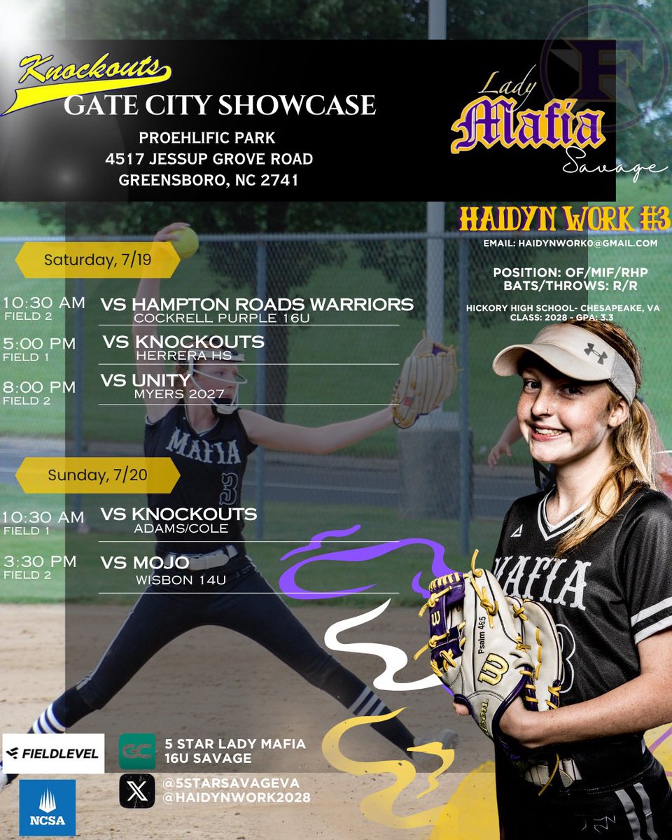 haidynwork2028's tweet image. Slight update to this weekend’s schedule at the Gate City Showcase! Hope to see you there! @5starsavageva @VWUSOFTBALL @GoPeaceSoftball @UNCWsoftball @UNCSoftball @HokiesSoftball @PHCC_Softball @CSC_SB_Coach