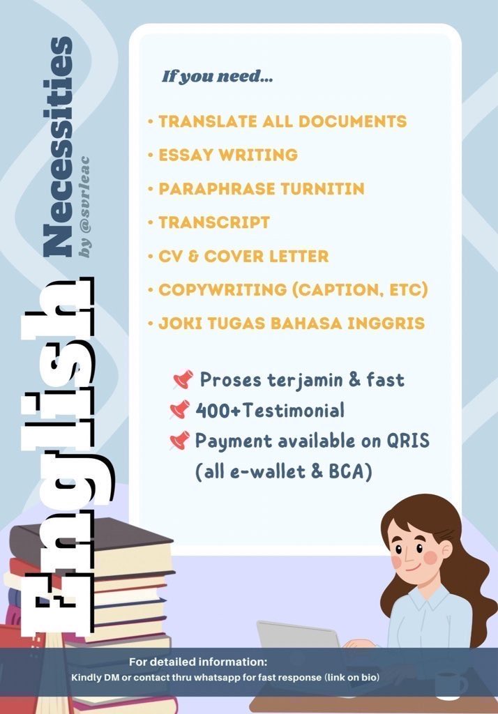 svrleac's tweet photo. haloo! bagi kalian yang butuh:

✅translate eng indo 
✅parafrase turnitin inggris 
✅essay writing 
✅proofreading
✅cv/cover letter
✅copywriting 
✅joki tugas bahasa inggris

bisa yuk di aku 🌸 dm/wa aja yaa 💗

#zonauang #zonaBA #zonajajan #jokitugas #turnitin #jasatranslate https://t.co/XRrcQkfPCj
