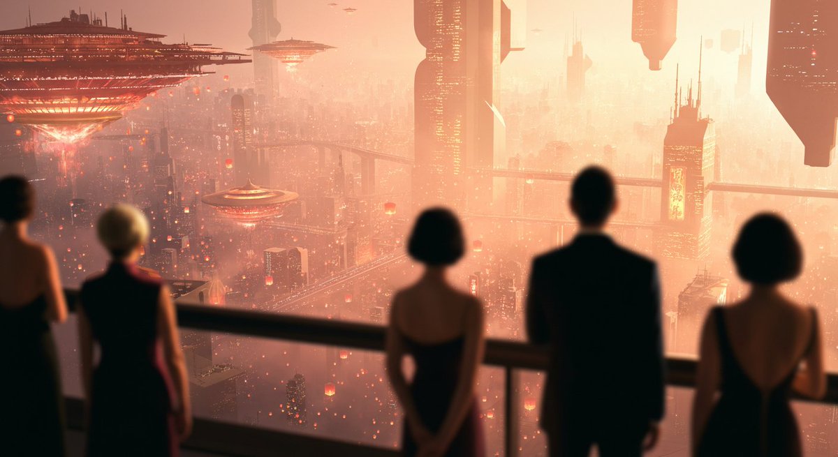Team_Greenfield's tweet image. Generated with Imagen 4  

Prompt: A panoramic, high-angle shot captures a moment of quiet contemplation on a balcony overlooking a breathtakingly vast and luminous futuristic cityscape. The camera is positioned behind a group of elegantly dressed figures, their forms creating a…