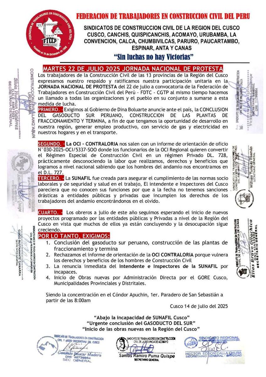 #Cusco. Organizaciones de Cusco anuncian marcha para el 22 de julio. Entre otras cosas piden la construcción del gasoducto del sur que está paralizado desde el gobierno de PPK. A la interna evalúan el inicio de un paro a partir del 28 julio.