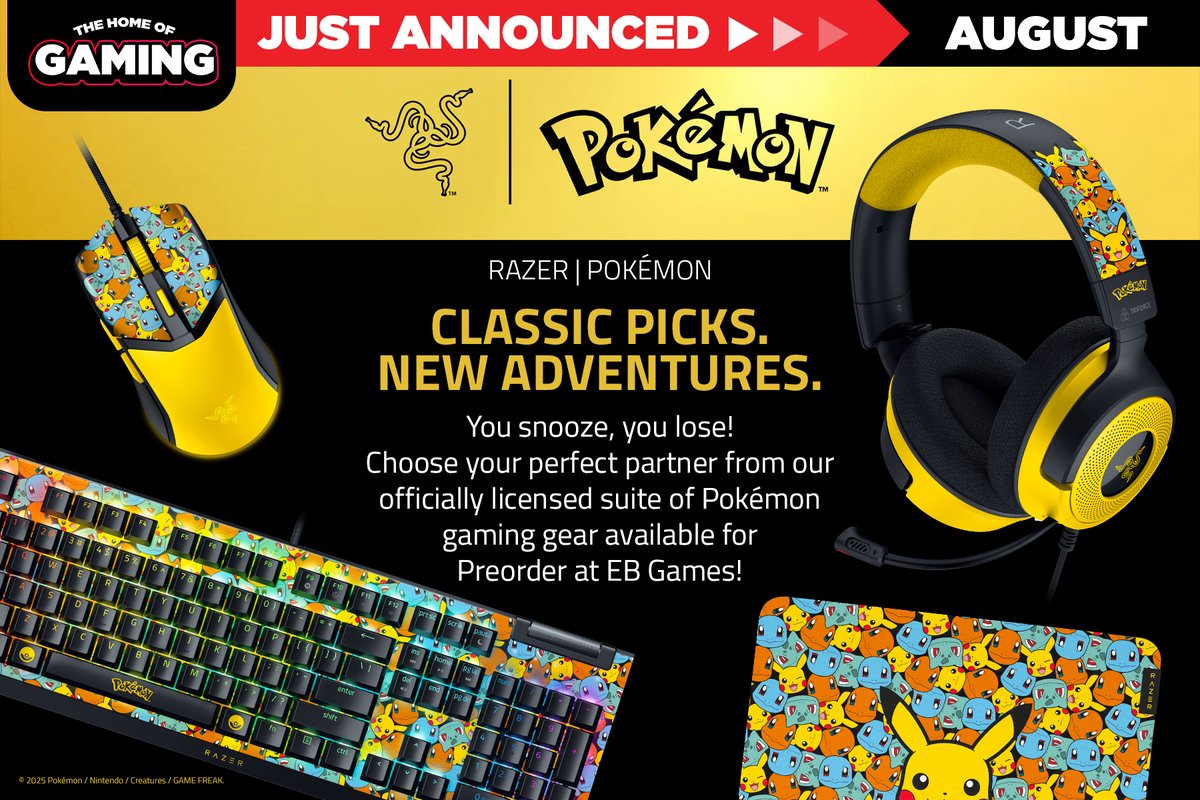 JUST ANNOUNCED 📢 The Official Razer x Pokémon suite of gaming gear is available NOW for preorder, coming August!

Classic picks. New adventures. tinyurl.com/EBGamesRazerXP…