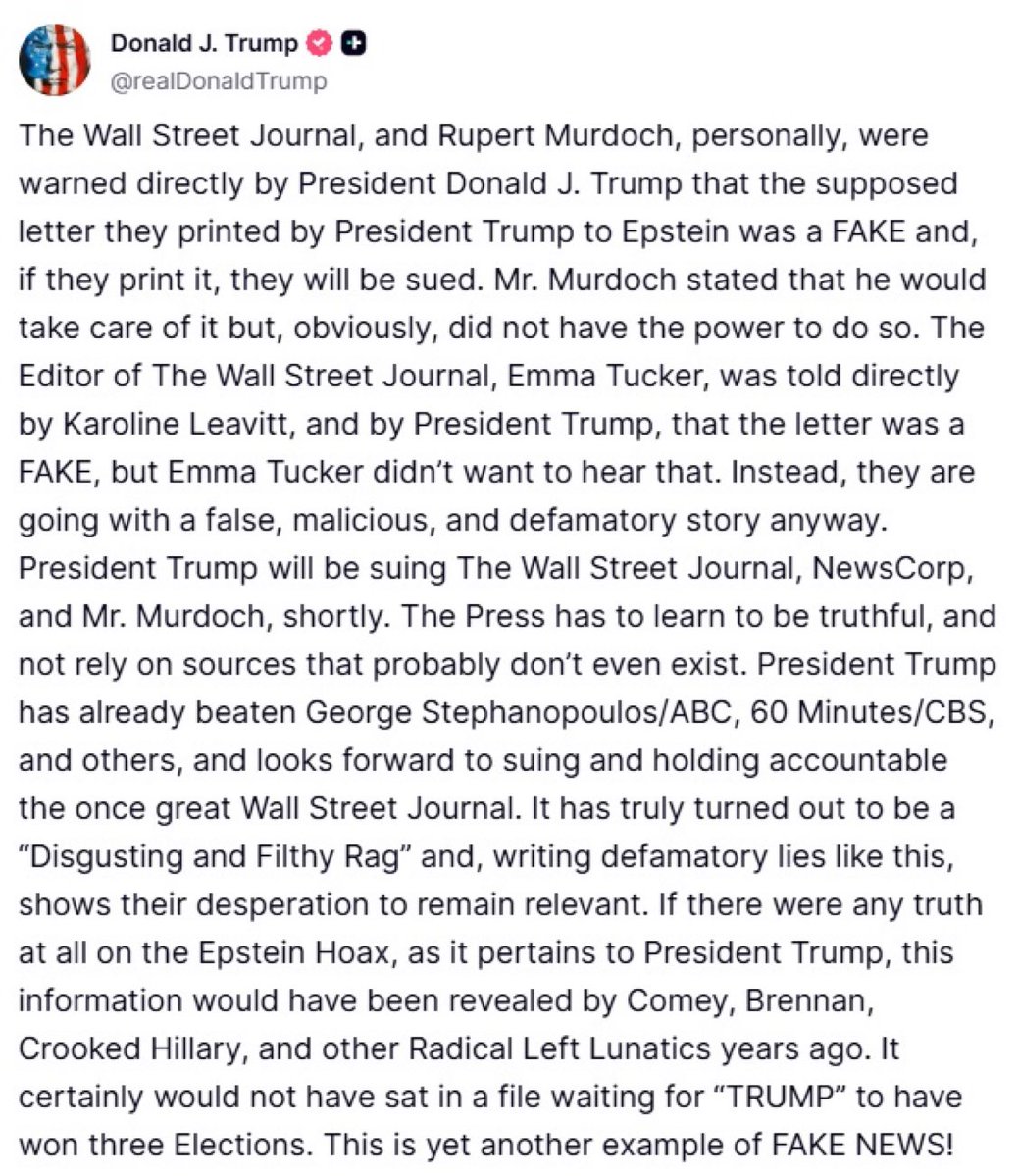 John_Hudson's tweet image. Trump says he’s suing the Wall Street Journal, News Corp and Rupert Murdoch for their Epstein story