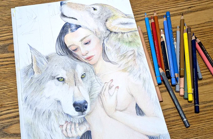 数年ぶりに色鉛筆で描いていたら気軽に描こうが気軽じゃなくなってきた気がする⋯ふわっふわでモサモサなが楽しい 関係ないけど狼は小学生くらいから好きでした。動物占いもでなんとなく親近感があったのかも #illustration #drawing #色鉛筆
