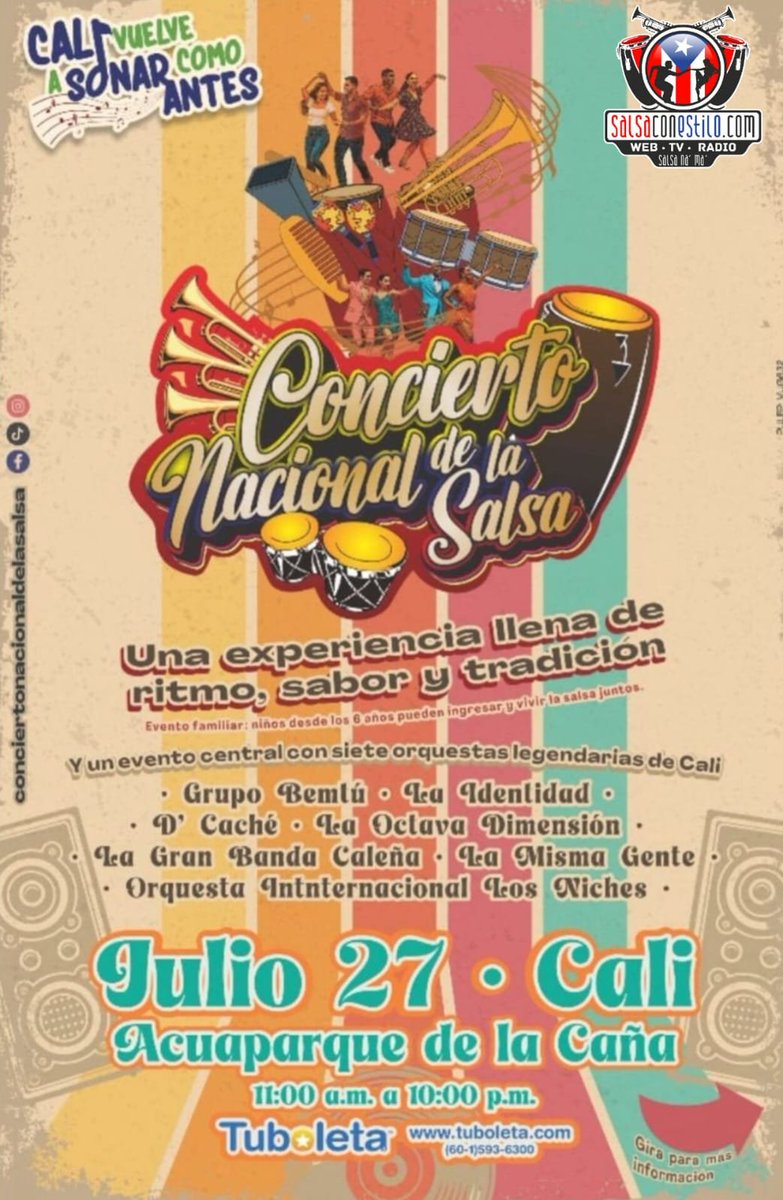 #Cali 🔥 El Concierto Nacional de la Salsa llega para el goce de los caleños 🇨🇴 Domingo 27 de julio en el Aqua Parque de la Caña.

7 orquestas icónicas de la historia salsera, se reúnen en un solo escenario para revivir la esencia musical de Cali 🏙️ @acuaparquedelaca