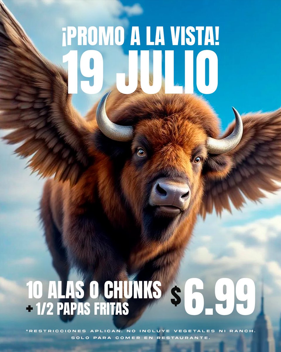 ¡Pilas que este finde se viene promo 👀! Sábado 19 de julio, bowl de 10 alas ó chunks + 1/2 papas fritas $6.99. Válido todo el día desde las 11:30am.

No aplica para llevar ni delivery.
