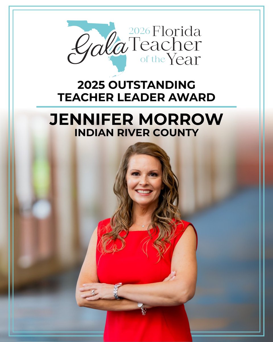 EducationFL's tweet image. Congratulations to Jennifer Morrow of Indian River County on receiving the 2025 Outstanding Teacher Leader Award at the #FLTOY2026 Gala! This award is given to a teacher with high student expectations who believes that every student deserves to have a teacher that is better than…