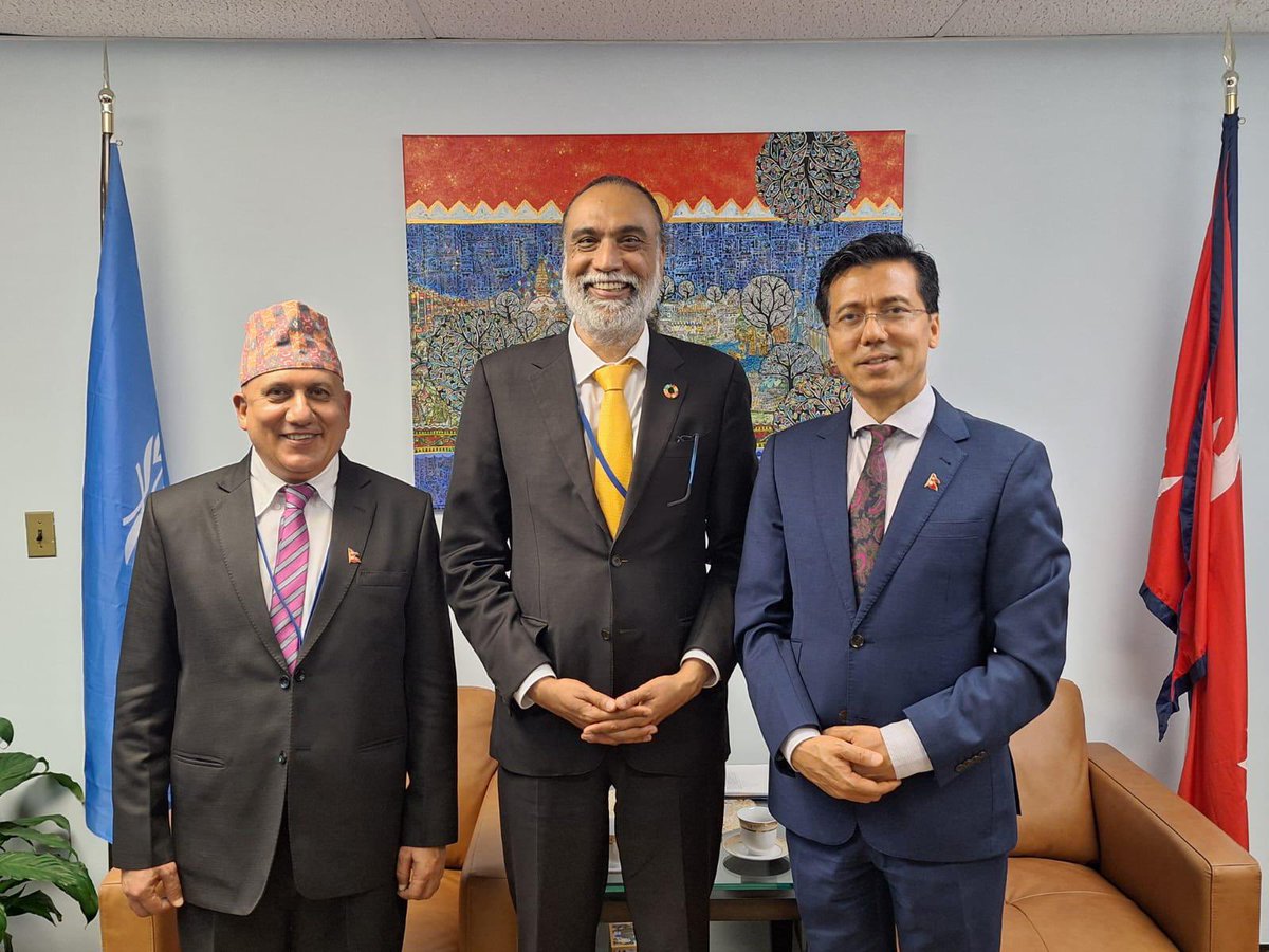 Nepal Mission to the UN (@nepalunny) on Twitter photo Amb <a href="/LokThapa2071/">Lok B Thapa</a> met H. E. Mr. Amandeep Singh Gill, Under-Secretary-General & Special Envoy for Digital and Emerging Technologies. They discussed digital tech & AI's role in transforming economies of developing nations, esp LDCs & LLDCs & growth potential through innovation. Amb <a href="/LokThapa2071/">Lok B Thapa</a> met H. E. Mr. Amandeep Singh Gill, Under-Secretary-General & Special Envoy for Digital and Emerging Technologies. They discussed digital tech & AI's role in transforming economies of developing nations, esp LDCs & LLDCs & growth potential through innovation.