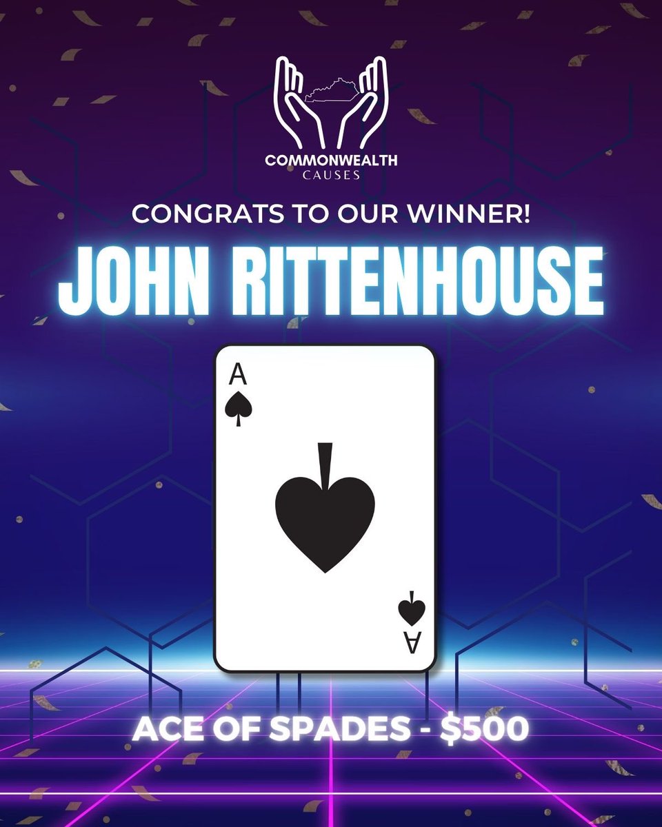 KYCauses's tweet image. CONGRATULATIONS to John Rittenhouse on picking the Ace of Spades and winning $500!!
See everyone next Thursday for week 18 of our Queen of Hearts game!
Visit the link below to be the next big winner of Queen of Hearts!
commonwealthcauses.org/play/