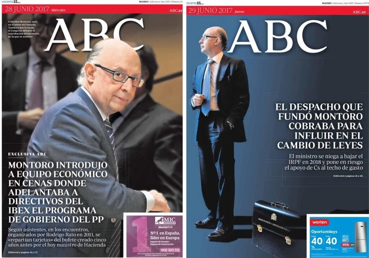 JorgeNavasGarci's tweet image. Ahora muchos hablan de Montoro. Algunos como @ChicoteLerena lo hicieron hace 8 años con estas portadacas en @abc_es cuando el protagonista era nada menos que el todopoderoso y amenazante ministro de Hacienda. Esto se llama periodismo del bueno y con dos pelotas como Suso y Yuso.