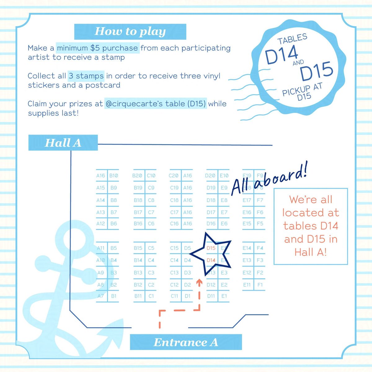 anchors aweigh! ⚓️

come join our oc sailor themed stamp rally at sjmade this weekend! collect a stamp from each artist to receive a set of stickers and a postcard ⛵️

🫡 meet your captains at tables D14 and D15!
🍦 <a href="/gelatobear/">renée ☀️ (now on 🦋)</a>
🌊 <a href="/redteapanda/">Berns 🔜 AX Chibi</a>
🏖 <a href="/circuitting/">coco ♠️ illo mart A24 !!</a>