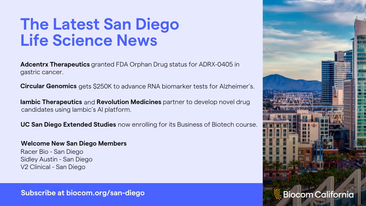 BiocomCA's tweet image. In this week's San Diego Newsletter: Adcentrx gets FDA Orphan Drug nod for gastric cancer drug; @CircGenomics snags $250K for Alzheimer’s RNA test; @iambic_ai + @Rev_Medicine launch partnership; @UCSDExtStudies offers Business of Biotech course. Subscribe: bit.ly/4iqn5b1