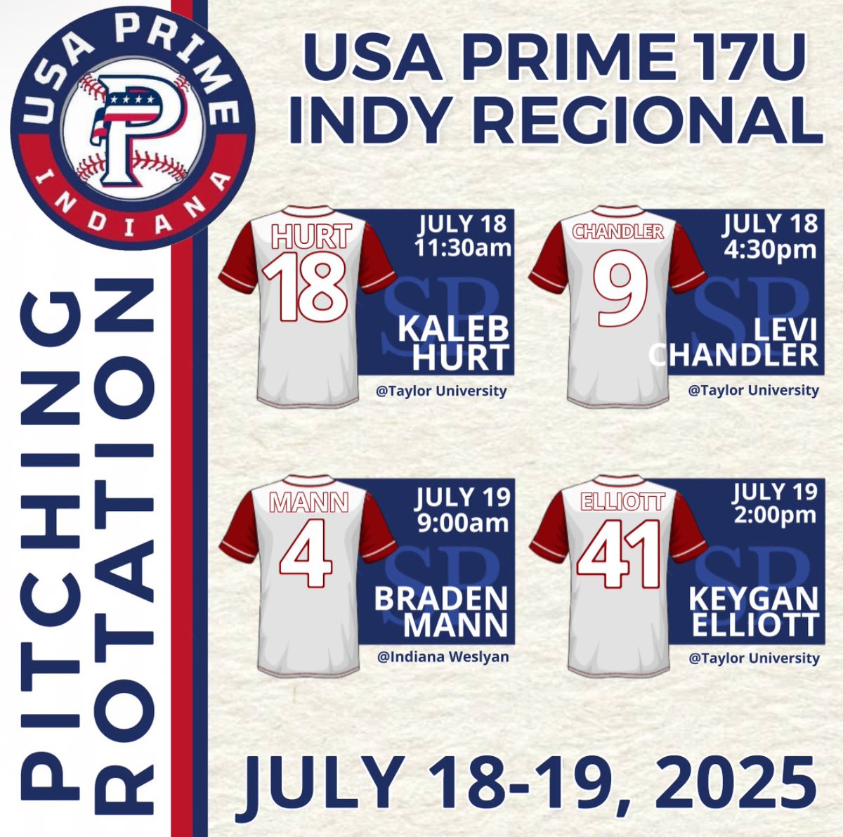 Indy Regional Team (@usaprimeindy) on Twitter photo Two Doubleheaders Back to Back
Day 1
Gm1 <a href="/knhurt08/">Kaleb Hurt</a> <a href="/justindgraham8/">Justin Graham</a> <a href="/KieranSellars25/">Kieran Sellars</a>
Gm2 <a href="/LeviChandler013/">Levi Chandler</a> <a href="/MaxJohnson2026/">Max Johnson</a> <a href="/LeviCoghill3/">Levi Coghill</a>
Day 2
Gm1 <a href="/bradenmmann/">Braden Mann 2026</a> <a href="/AdamHandy21/">Adam Handy</a> <a href="/CastnerTrevor/">Trevor Castner</a>
Gm2 <a href="/KeyganElliott/">Keygan Elliott</a> <a href="/KieranSellars25/">Kieran Sellars</a> <a href="/gagestickann/">Gage Stickann</a> Two Doubleheaders Back to Back
Day 1
Gm1 <a href="/knhurt08/">Kaleb Hurt</a> <a href="/justindgraham8/">Justin Graham</a> <a href="/KieranSellars25/">Kieran Sellars</a>
Gm2 <a href="/LeviChandler013/">Levi Chandler</a> <a href="/MaxJohnson2026/">Max Johnson</a> <a href="/LeviCoghill3/">Levi Coghill</a>
Day 2
Gm1 <a href="/bradenmmann/">Braden Mann 2026</a> <a href="/AdamHandy21/">Adam Handy</a> <a href="/CastnerTrevor/">Trevor Castner</a>
Gm2 <a href="/KeyganElliott/">Keygan Elliott</a> <a href="/KieranSellars25/">Kieran Sellars</a> <a href="/gagestickann/">Gage Stickann</a>
