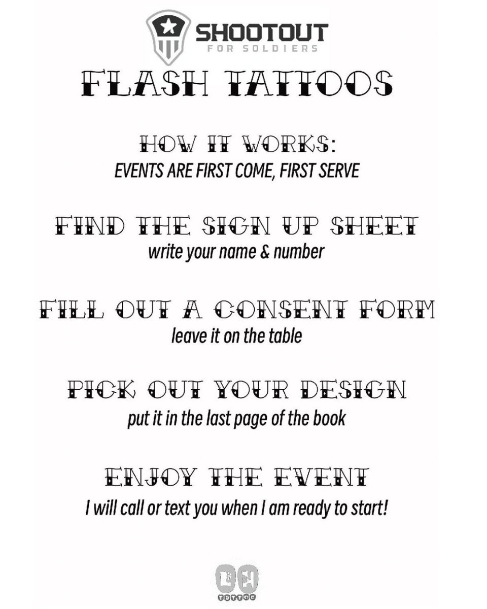 It's unclear who is more excited, us or Little Hollow Tattoo !! Here is the flash sheet specific to Shootout for Soldiers Canandaigua 😎 She will have additional designs in the flash book available, too. 
All tattoos are $70 - cash, card, Venmo, CashApp accepted