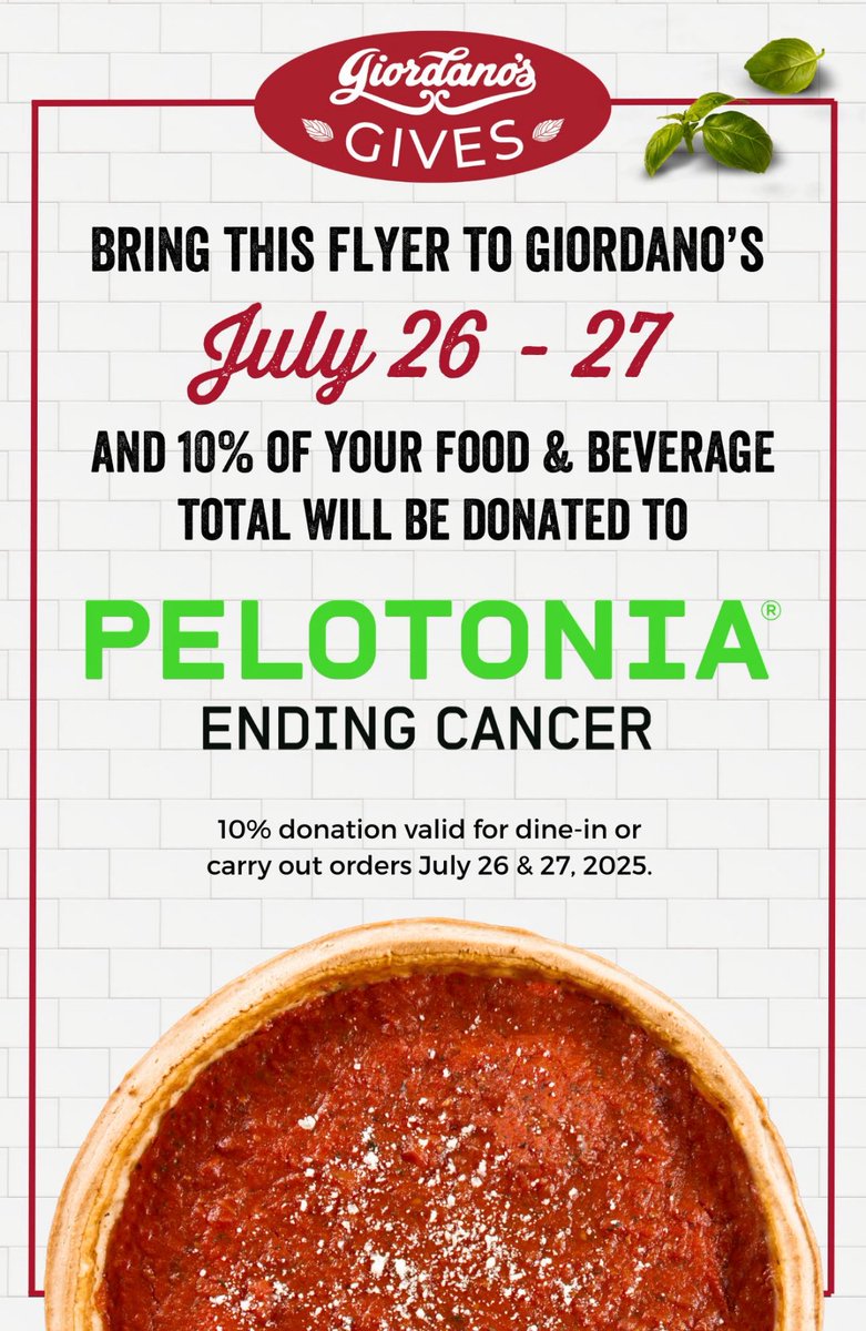 sgerlach5's tweet photo. Eating pizza for a great cause. Enjoy Columbus and thank you for your support. @Pelotonia @GiordanosPizza https://t.co/i8HEGDMAe4