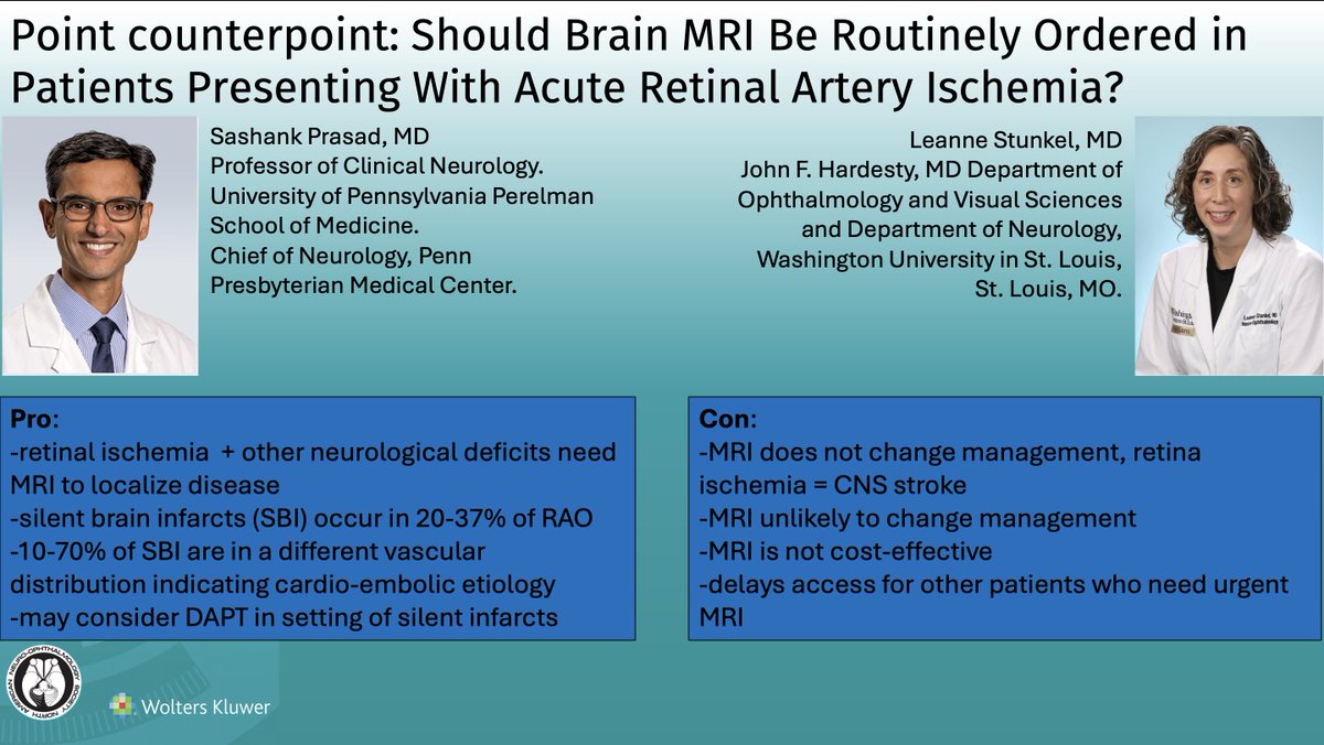 Point Counter-Point - Brain MRI Should Be Routinely Ordered in Patients Presenting With Acute Retinal Artery Ischemia: Journal of Neuro-Ophthalmology
Article: bit.ly/JNO_MRI_RAO
 #brain #eye #vision #research #Neurology #NeuroOphth #Ophthalmology #Medicine #stroke #MRI