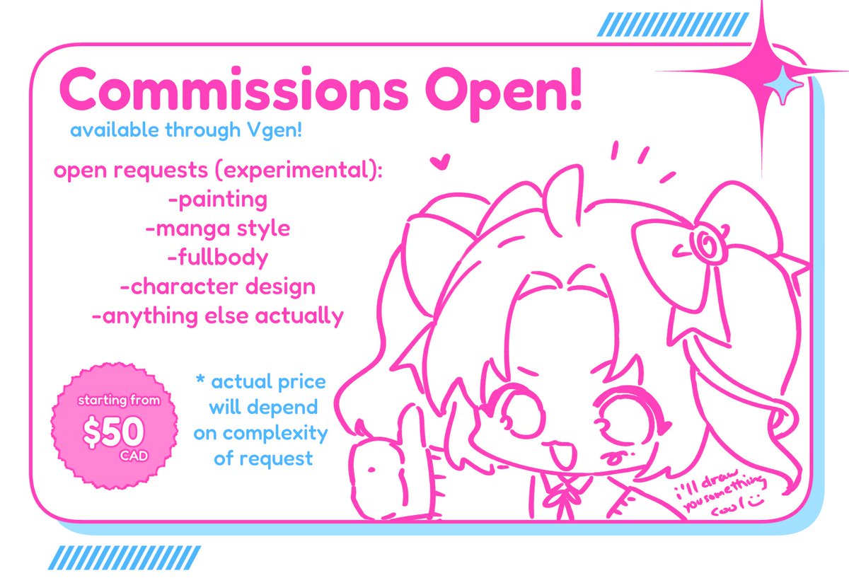 [RTs appreciated 🙏🩷] opening comms until further notice! trying something new by adding an open request category... help me get verified on vgen! 🥳
vgen.co/l0l0lolly