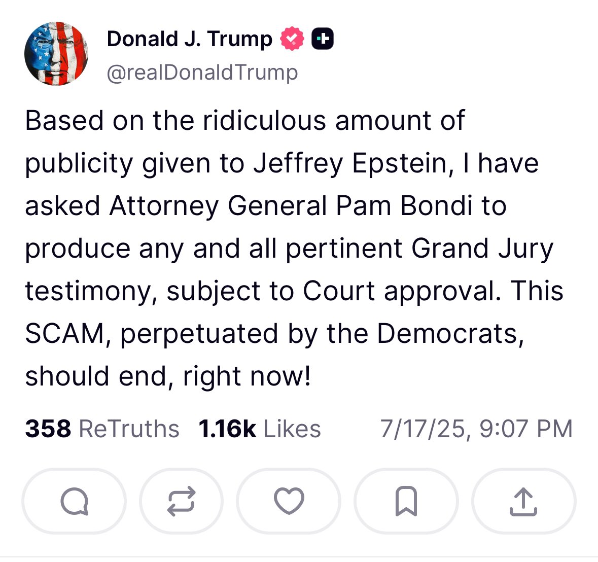 joeygarrison's tweet image. President Trump calls on AG Bondi to release “any and all pertinent Grand Jury testimony, subject to Court approval” from the Epstein case.