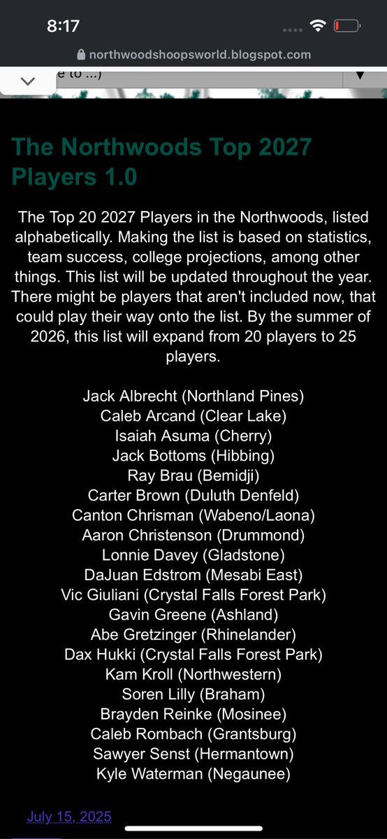 Thank you Northwoods Hoops for considering me a top 20 player in the class of 2027 between Northern Wisconsin, Northern Minnesota, and the Michigan U.P

<a href="/CoachDeeBriggs/">Dee</a> <a href="/KevinMoses38/">Kevin Moses LLC</a> <a href="/NHS_TigersBBB/">Northwestern Boys Basketball</a> <a href="/WIPlaymakers/">Wisconsin Playmakers</a> <a href="/WIPlaymakers/">Wisconsin Playmakers</a>