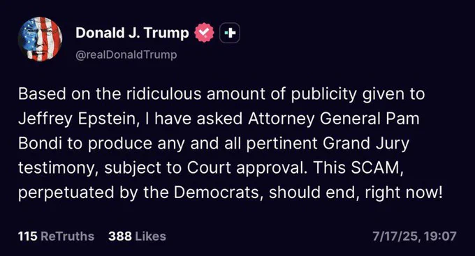 🚨 BREAKING: Trump chiede al suo Procuratore Generale di rilasciare i file di Epstein relativi alla testimonianza della grande giuria. Solo il 16% di probabilità che vengano effettivamente pubblicati questo mese.