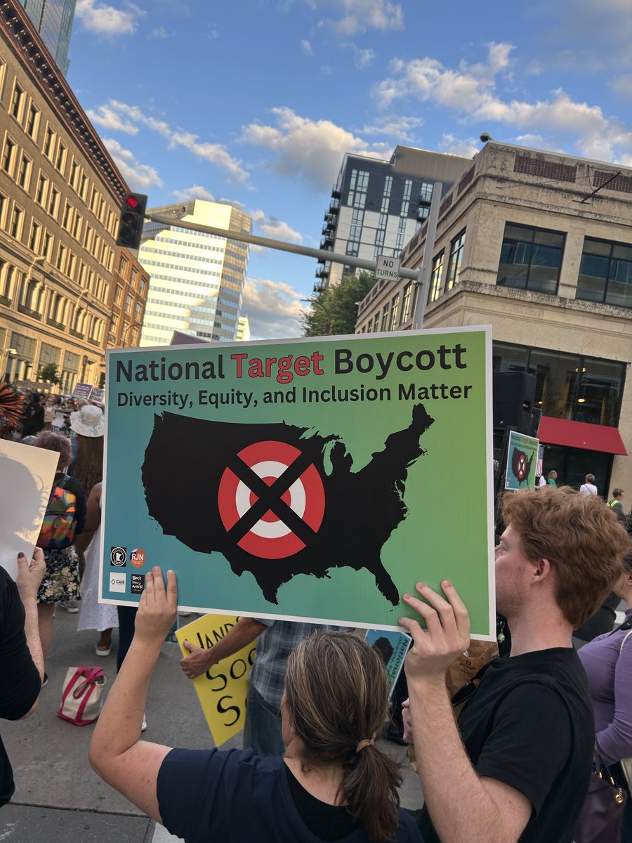 daviss's tweet image. NOW: “Good Trouble” protesters march and stop outside of Target Headquarters in downtown Minneapolis, where calls to boycott Target continue. Speakers talk about what they say is Target aligning with the Trump administration and its financial support to its inauguration.