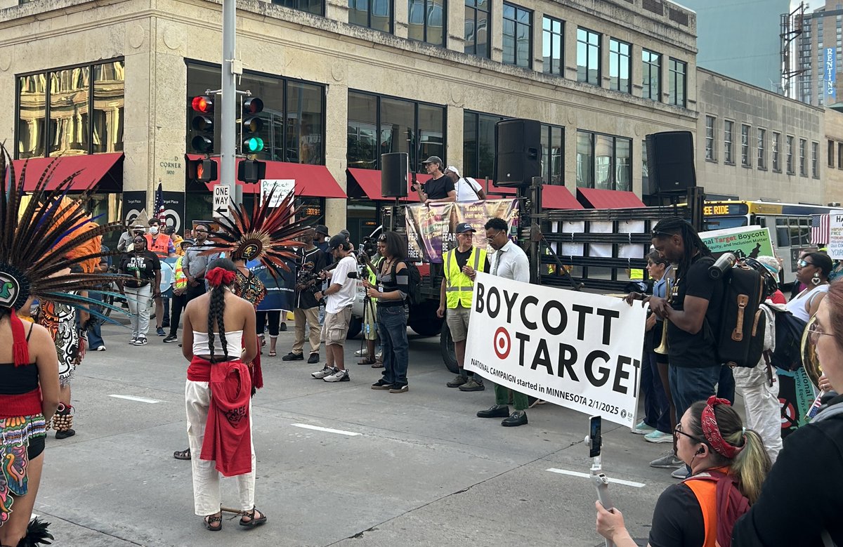 daviss's tweet image. NOW: “Good Trouble” protesters march and stop outside of Target Headquarters in downtown Minneapolis, where calls to boycott Target continue. Speakers talk about what they say is Target aligning with the Trump administration and its financial support to its inauguration.