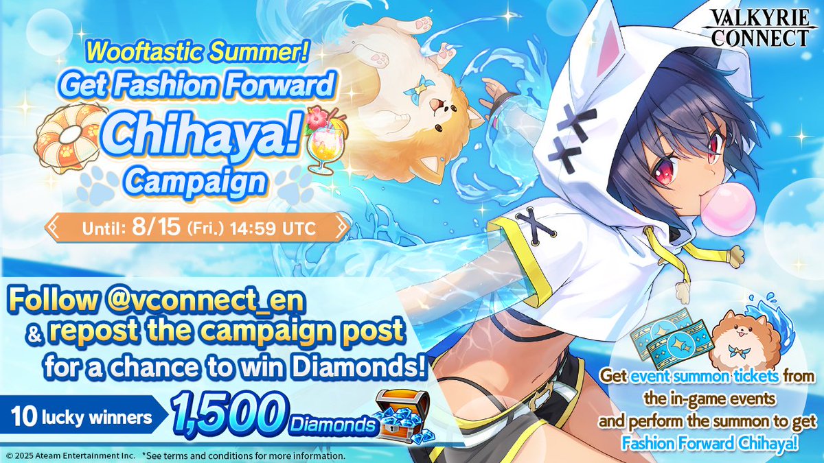 vconnect_en's tweet image. Wooftastic Summer🏖️
Get Fashion Forward Chihaya! Campaign

10 lucky winners get 1,500 Diamonds🎁🐶

★Entry★
1⃣  Follow @vconnect_en
2⃣  Repost this post🔃
⚠Until 8/15 (Fri.) 14:59 UTC

More info👉bit.ly/4nM2VeR

#ValkyrieConnect