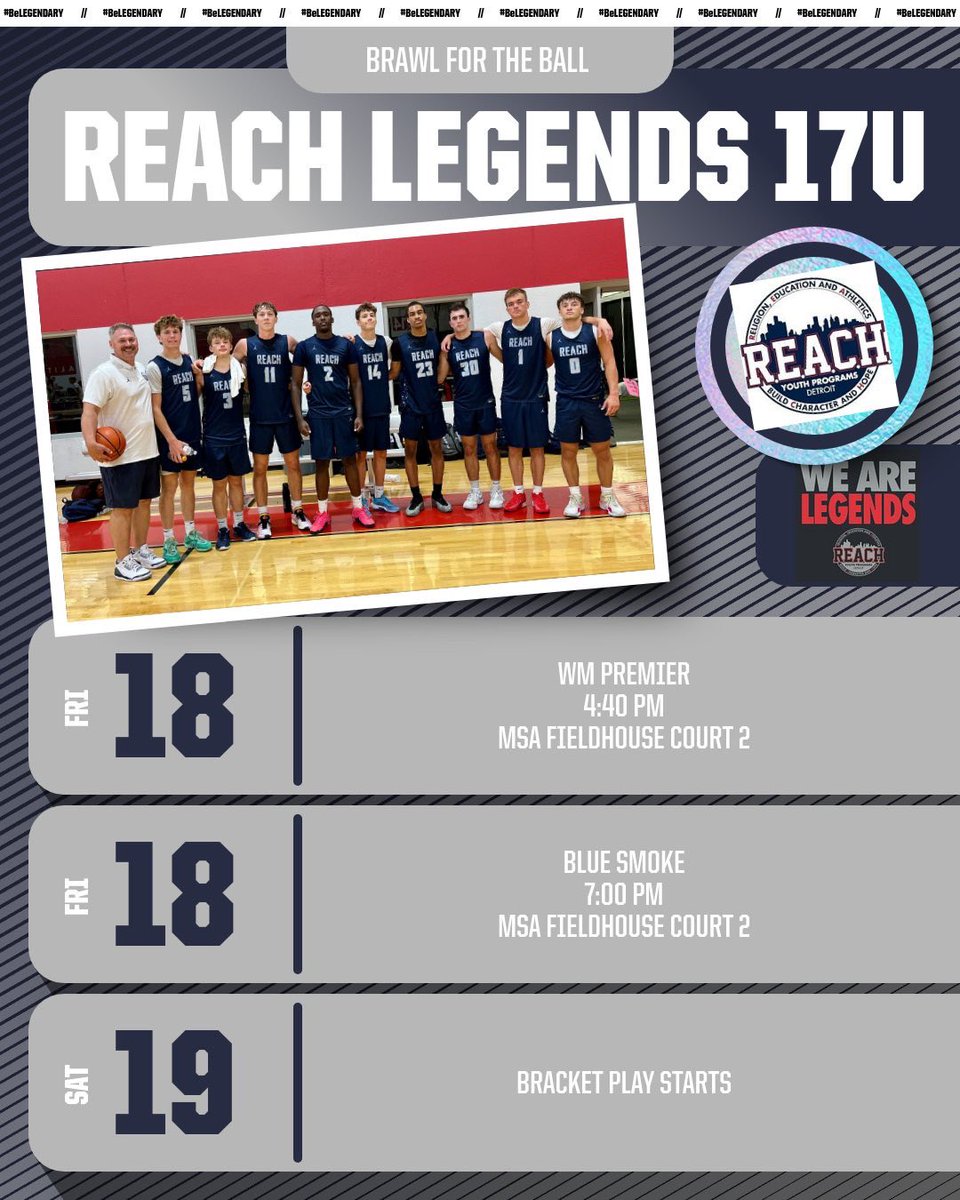 Reach2026's tweet image. We will be back in action tomorrow in Grand Rapids at the Brawl for the Ball Tournament.  #beLEGENDARY 

Here is our Friday Schedule:
