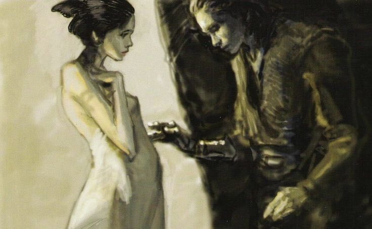 whzgamora's tweet image. "i wanted to show that this poor guy is trapped by shadows, and she's stuck in the light. and the hand that reaches out to touch her isn't even a human hand anymore" – iain mccraig (anidala concept art for revenge of the sith)