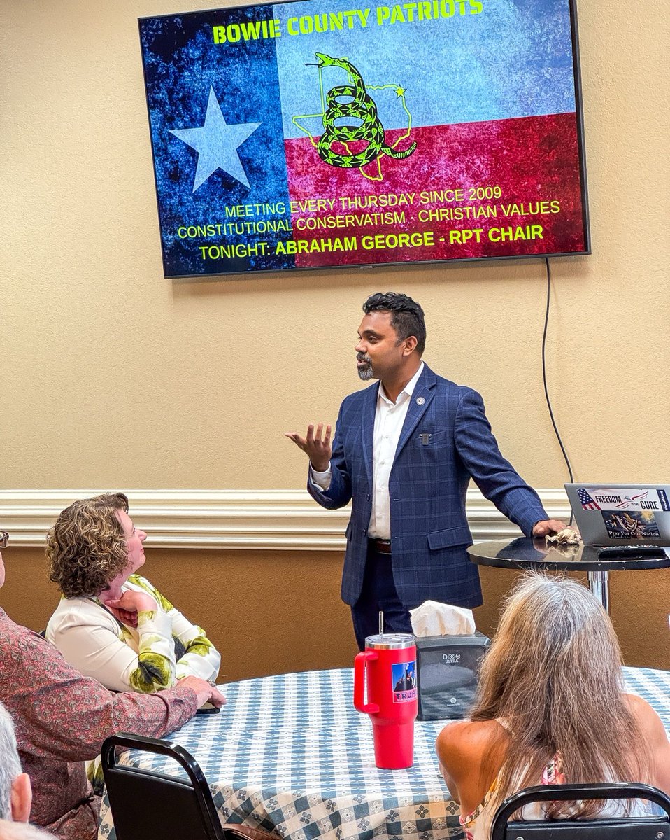 TexasGOP's tweet image. It’s always a privilege to speak on the issues that matter most: conservative values, the current state of the legislature, election integrity, and more. Thanks to the Bowie County Patriots for a strong showing and great conversation with Chairman @abrahamgeorge!