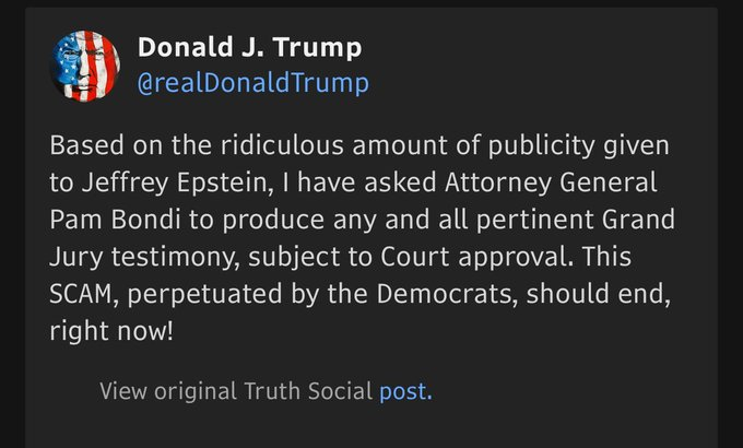 Matt4VA's tweet image. Notice that Trump mentions only Grand Jury Testimony..... NOT the entire Epstein files.