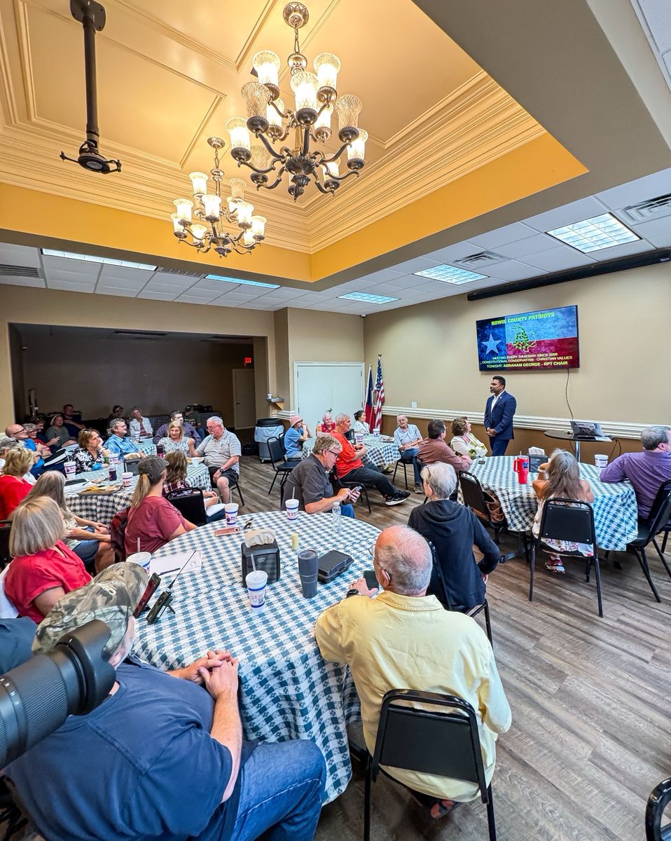 TexasGOP's tweet image. It’s always a privilege to speak on the issues that matter most: conservative values, the current state of the legislature, election integrity, and more. Thanks to the Bowie County Patriots for a strong showing and great conversation with Chairman @abrahamgeorge!