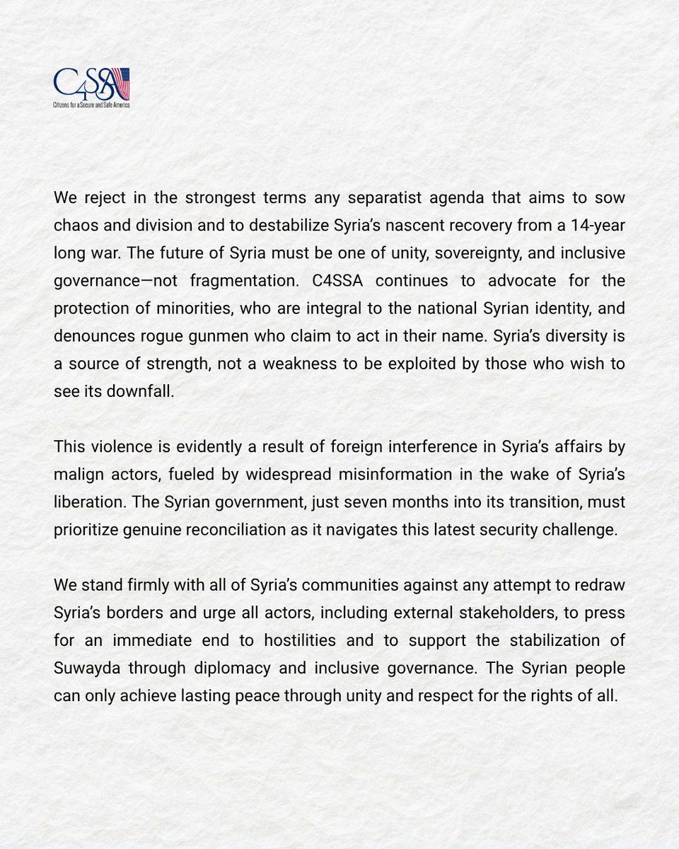 SecureSafeUSA's tweet image. PRESS RELEASE: C4SSA Condemns Escalating Violence in Suwayda, Calls for Immediate De-escalation and Respect for Rule of Law
conta.cc/3IBpu5I