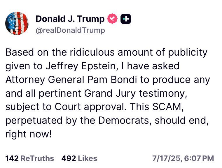 sfpelosi's tweet image. The “grand jury testimony” post is a RUSE - oral testimony and documents are 2 different things and the convicted felon knows that. Don’t fall for the “pertinent” “testimony” technicality — insist on the truth, Respect the victims and #ReleaseTheEpsteinFiles