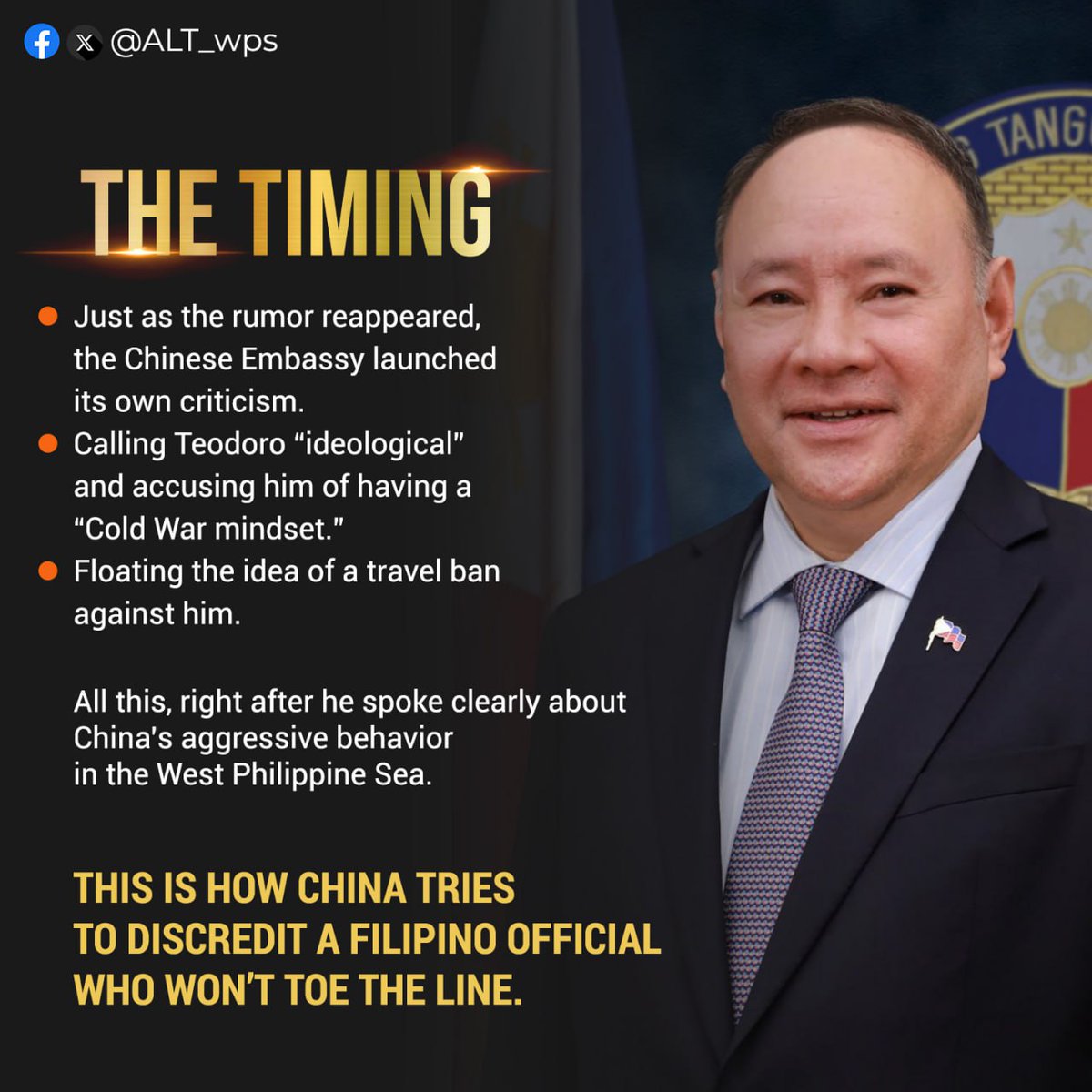 ALT_wps's tweet image. Right after Gibo called out China’s aggression in the WPS, the Chinese Embassy labeled him “ideological” and floated a travel ban.
Then, the dual citizenship rumor resurfaced.
This isn’t coincidence. It’s narrative retaliation.
#AltWPS #GiboTeodoro #WPS