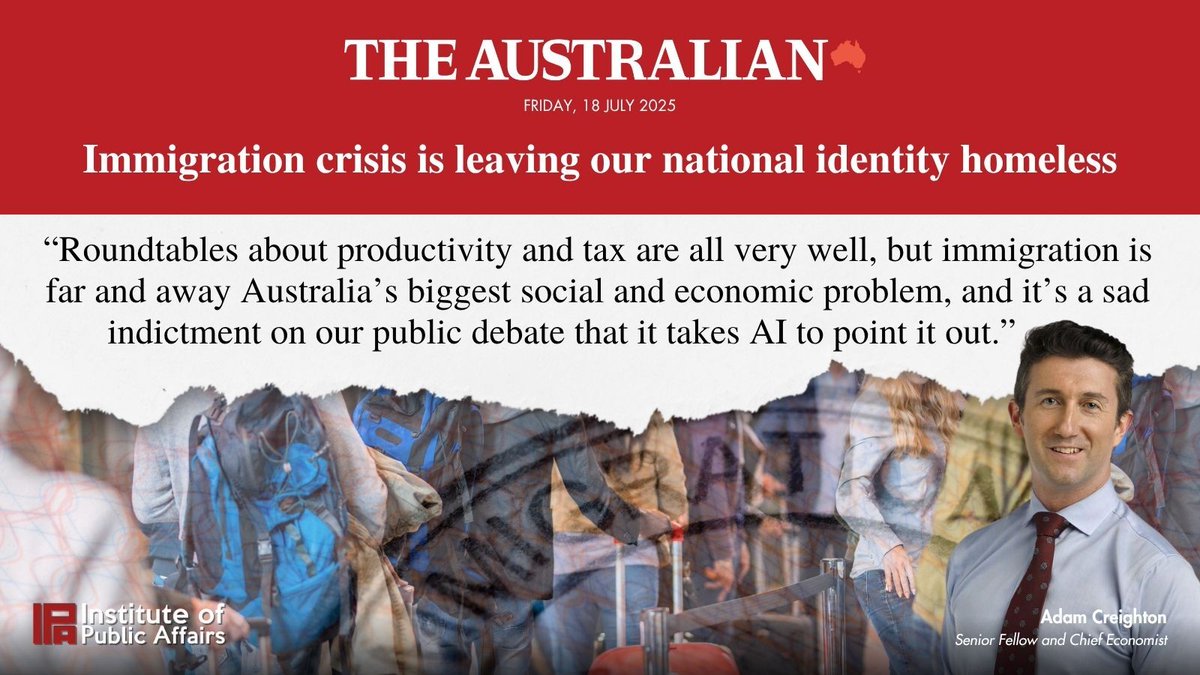 TheIPA's tweet image. "This country’s laudable and world-beating tolerance for newcomers has allowed us to avoid the social breakdown extant in Europe. But this will fray."
In The @Australian, @Adam_Creighton says it is pivotal our migration system is realigned in the best interests of Australians.…
