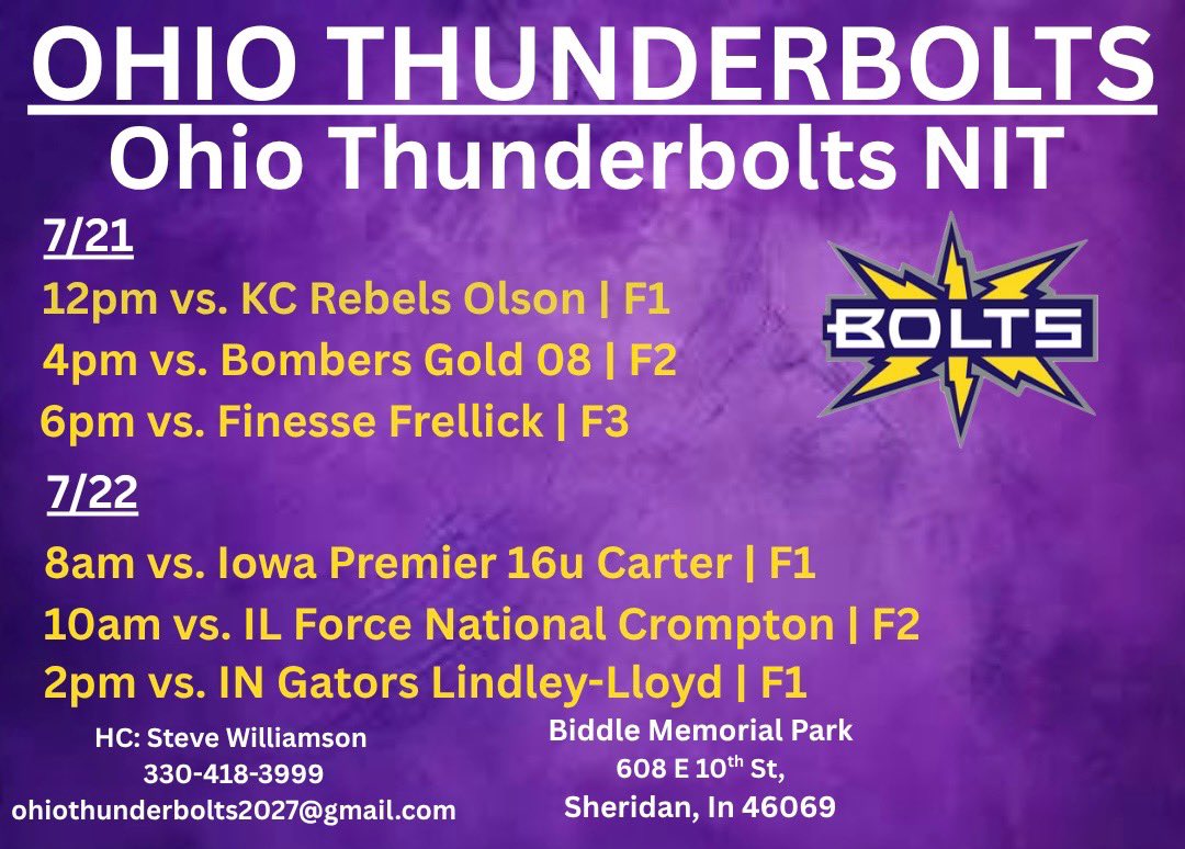 Last tournament of the season. Would love to see you there! <a href="/OhioTbolts2027/">Ohio Thunderbolts 2027~Williamson</a> 
<a href="/CoachStanton/">Shonda Stanton</a>
<a href="/jmrw20/">Justin Walker</a> <a href="/CameronKFagan/">Cameron Fagan</a> @ashleywadeuncw <a href="/coachbreneman/">Janelle Breneman</a> @coach_mcguem <a href="/nix131313/">Coach Nix</a> @coachjexx_rmu  <a href="/Coach_LaPorte/">Loren LaPorte</a> <a href="/MaggieMrowka/">Maggie Mrowka</a> <a href="/JAX_CoachE/">Erica Ayers</a> <a href="/MusserChristi/">Christi Musser</a> <a href="/coach_kgreen/">Kelley Green</a> <a href="/coachKasey/">Kasey Cox</a>