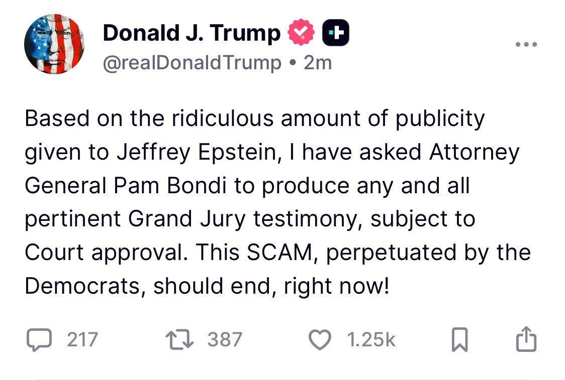 KanekoaTheGreat's tweet image. BREAKING: President Trump orders Pam Bondi to release all relevant Grand Jury testimony in the Epstein case.