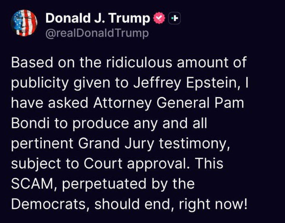 DramaAlert's tweet image. The Epstein GRAND JURY testimony will be RELEASED thanks to President Trump.