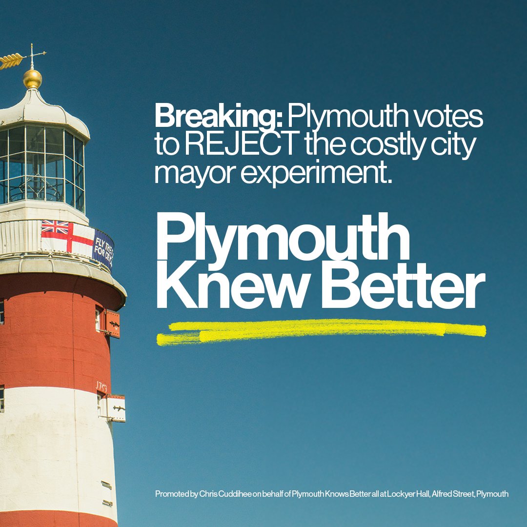 🚨 BREAKING: Plymouth has voted NO to a city mayor.

Voters saw through this failed, costly experiment and chose to keep the current system.

Plymouth Knew Better.

Full statement here:  facebook.com/NoCityMayor/po…