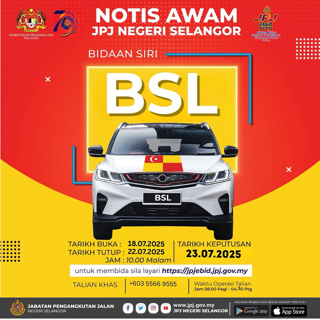 suk_selangor's tweet image. NOTIS AWAM JPJ NEGERI SELANGOR 

BIDAAN AKAN DIBUKA!

JOM BID !!! 

Klik jpjebid.jpj.gov.my untuk mendaftar JPJBid.

#MalaysiaMadani
#𝐊𝐢𝐭𝐚𝐒𝐞𝐥𝐚𝐧𝐠𝐨𝐫 MajuBersama
#SUKSelangor
#MOTMalaysia
#JPJ2025