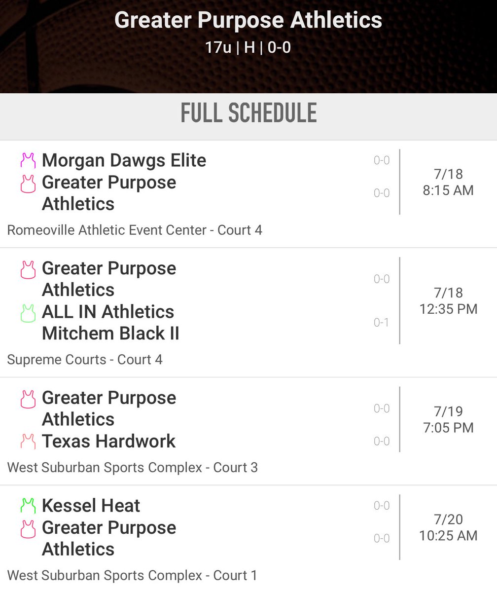 GREATER PURPOSE ATHLETICS (@_gpabasketball) on Twitter photo 🚨Updated 17U Schedule for <a href="/RL_Hoops/">RecruitLook Hoops</a> Chicago
6’5 <a href="/rafaelplnto/">Rafael Pinto</a>
6’6 <a href="/JayTheTicket_/">Jacob Johnson</a>
6’5 <a href="/Kyreelll_/">Kassidy Nelson / Kyree</a>
6’2 <a href="/Torey_Bask1n/">Torey Baskin</a>
6’4 <a href="/dantebell26/">Dante Bell</a>
6’0 <a href="/4HoodieChris/">Chris Cole 4</a>
6’0 <a href="/amarepryor3/">amarepryor3</a>
6’5 <a href="/5jaiden_s/">Jaiden Simmons</a>
6’0 <a href="/KJHamlin1_/">Julius “KJ” Hamlin JR</a>
<a href="/CoachTill_gpa/">Ray Tillman</a>
<a href="/CoachTreal2/">Coach Treal Holland II</a> <a href="/ILLHoopsScoops/">ILLHoopsScoops</a> <a href="/tdc200/">Big Tim</a> <a href="/Sports4Illinois/">Illinois Sports Updates</a> 🚨Updated 17U Schedule for <a href="/RL_Hoops/">RecruitLook Hoops</a> Chicago
6’5 <a href="/rafaelplnto/">Rafael Pinto</a>
6’6 <a href="/JayTheTicket_/">Jacob Johnson</a>
6’5 <a href="/Kyreelll_/">Kassidy Nelson / Kyree</a>
6’2 <a href="/Torey_Bask1n/">Torey Baskin</a>
6’4 <a href="/dantebell26/">Dante Bell</a>
6’0 <a href="/4HoodieChris/">Chris Cole 4</a>
6’0 <a href="/amarepryor3/">amarepryor3</a>
6’5 <a href="/5jaiden_s/">Jaiden Simmons</a>
6’0 <a href="/KJHamlin1_/">Julius “KJ” Hamlin JR</a>
<a href="/CoachTill_gpa/">Ray Tillman</a>
<a href="/CoachTreal2/">Coach Treal Holland II</a> <a href="/ILLHoopsScoops/">ILLHoopsScoops</a> <a href="/tdc200/">Big Tim</a> <a href="/Sports4Illinois/">Illinois Sports Updates</a>