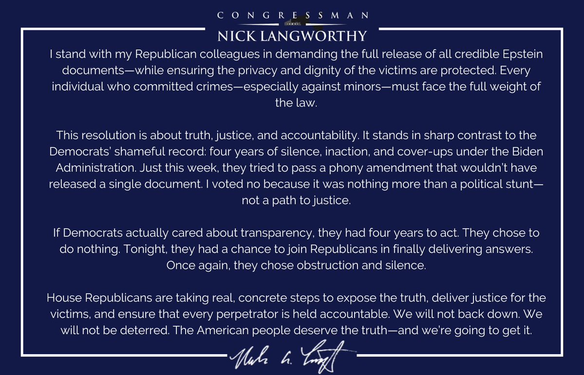 RepLangworthy's tweet image. I stand with House Republicans in demanding full transparency on the Epstein Files.