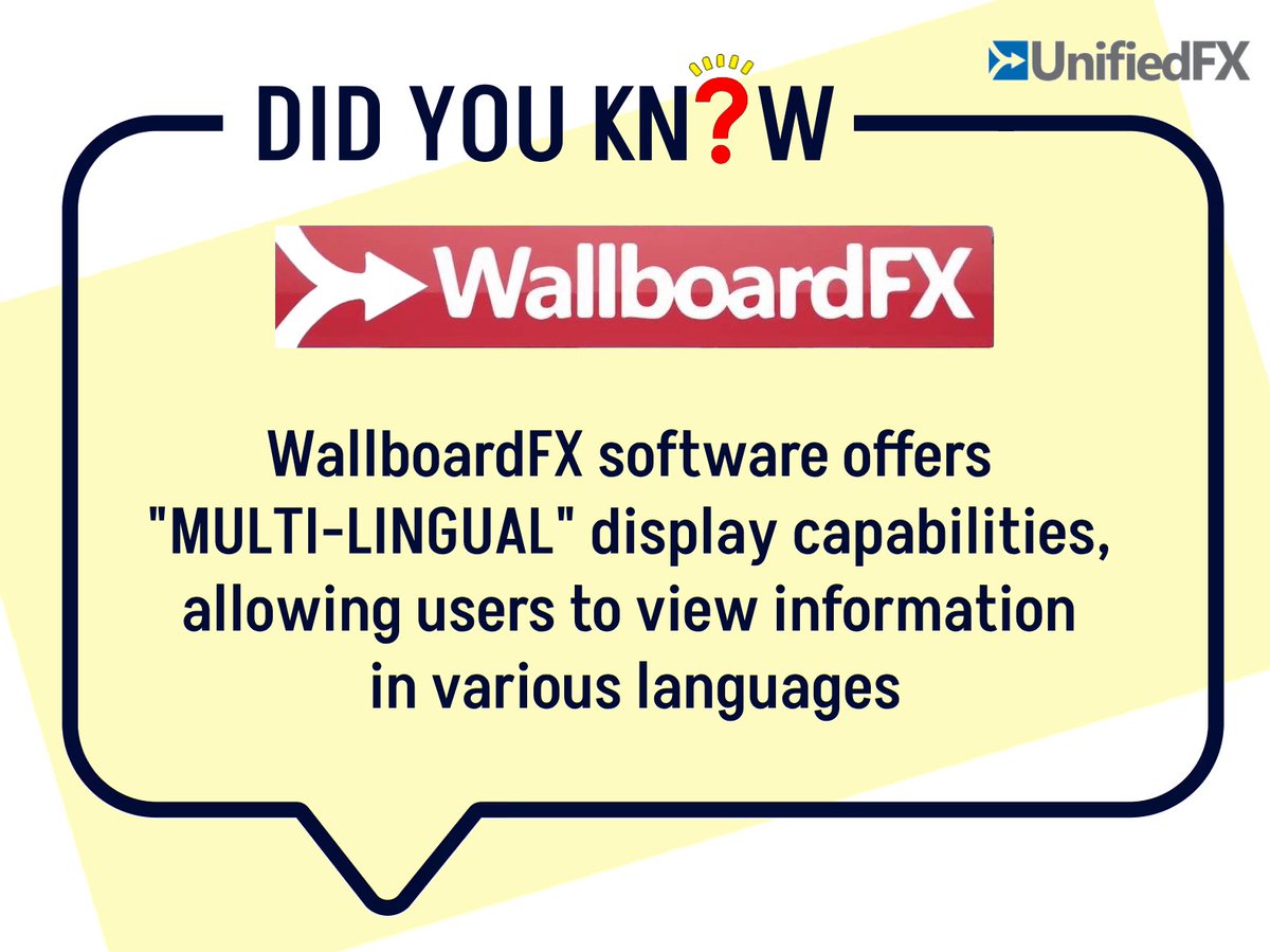 UnifiedFX's tweet photo. Did You Know? WallboardFX software offers MULTI-LINGUAL displays capabilities, allowing users to view information in various languages !

Download WallboardFX : https://t.co/qNVCM4HrxS

#WallboardFX #Cisco #UCCX #DidYouKnow https://t.co/BVTJLbaFpz