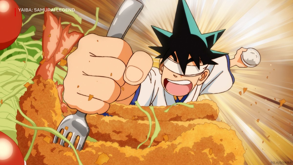 NetflixAnime's tweet image. “(ง'̀-'́)ง Fight me for your tempura!” — Yaiba, probably.