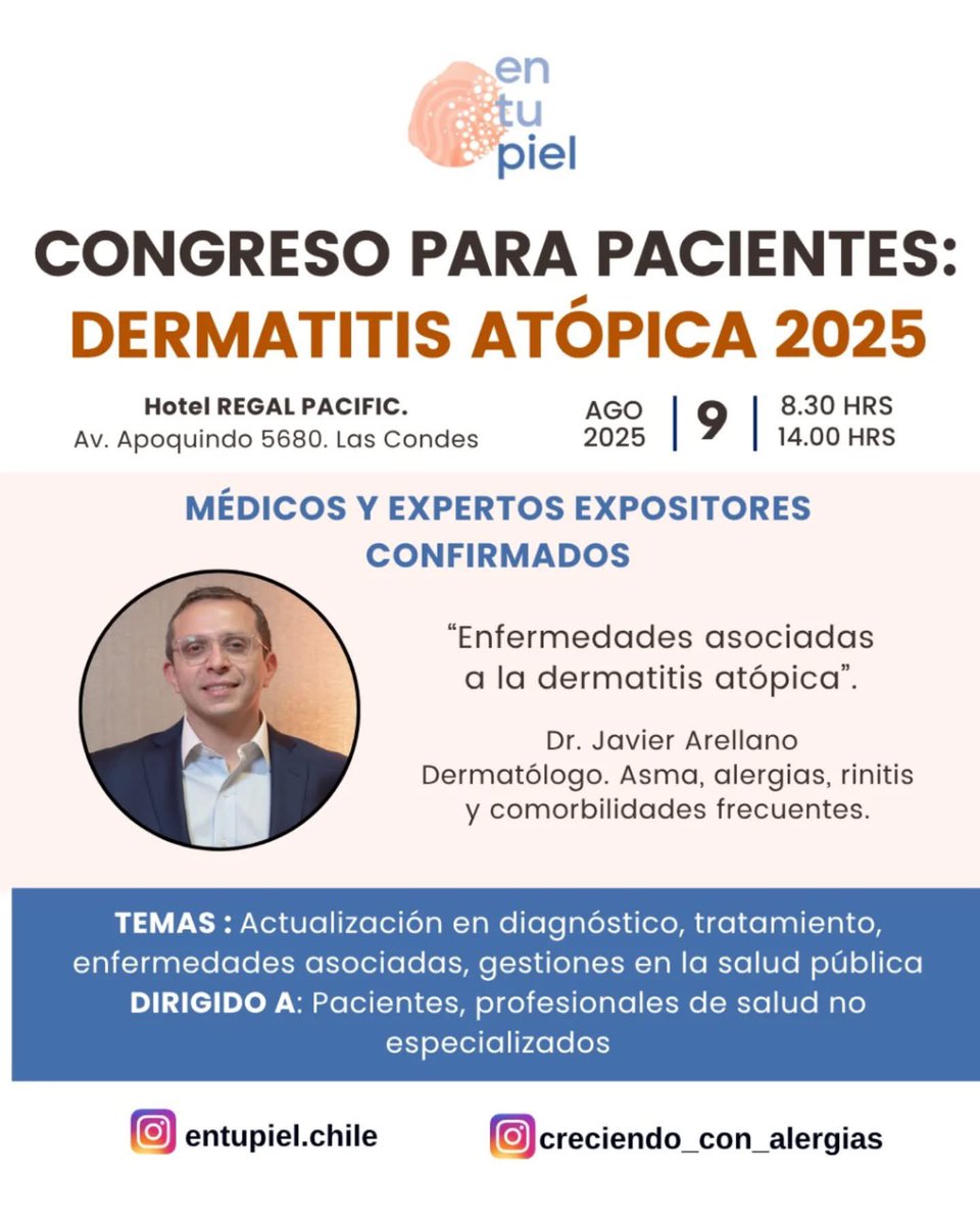EnTuPielChile's tweet photo. II CONGRESO PARS PACIENTES DAS 
Una oportunidad única para aprender de especialistas, resolver dudas y compartir experiencias.
📅 Sábado 9 de agosto
📍 Hotel Real Pacific, Las Condes
🎟️ Actividad gratuita 
#DermatitisAtopica 
Inscripción acá https://t.co/C3AoBykzYt https://t.co/qxHNV7Qpk2