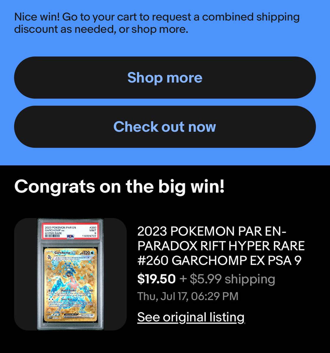 Retro_Gabe's tweet image. ✨PSA Auction Win of the Day✨
I’m always on the lookout to snipe good deals of Pokémon PSA graded cards! I buy maybe 3-5 cards a week (when I can afford them).
Today, I sniped this PSA 9 2023 GARCHOMP ex for $19.50, and I’d value it at about $35 based on BIN Prices on EBay!