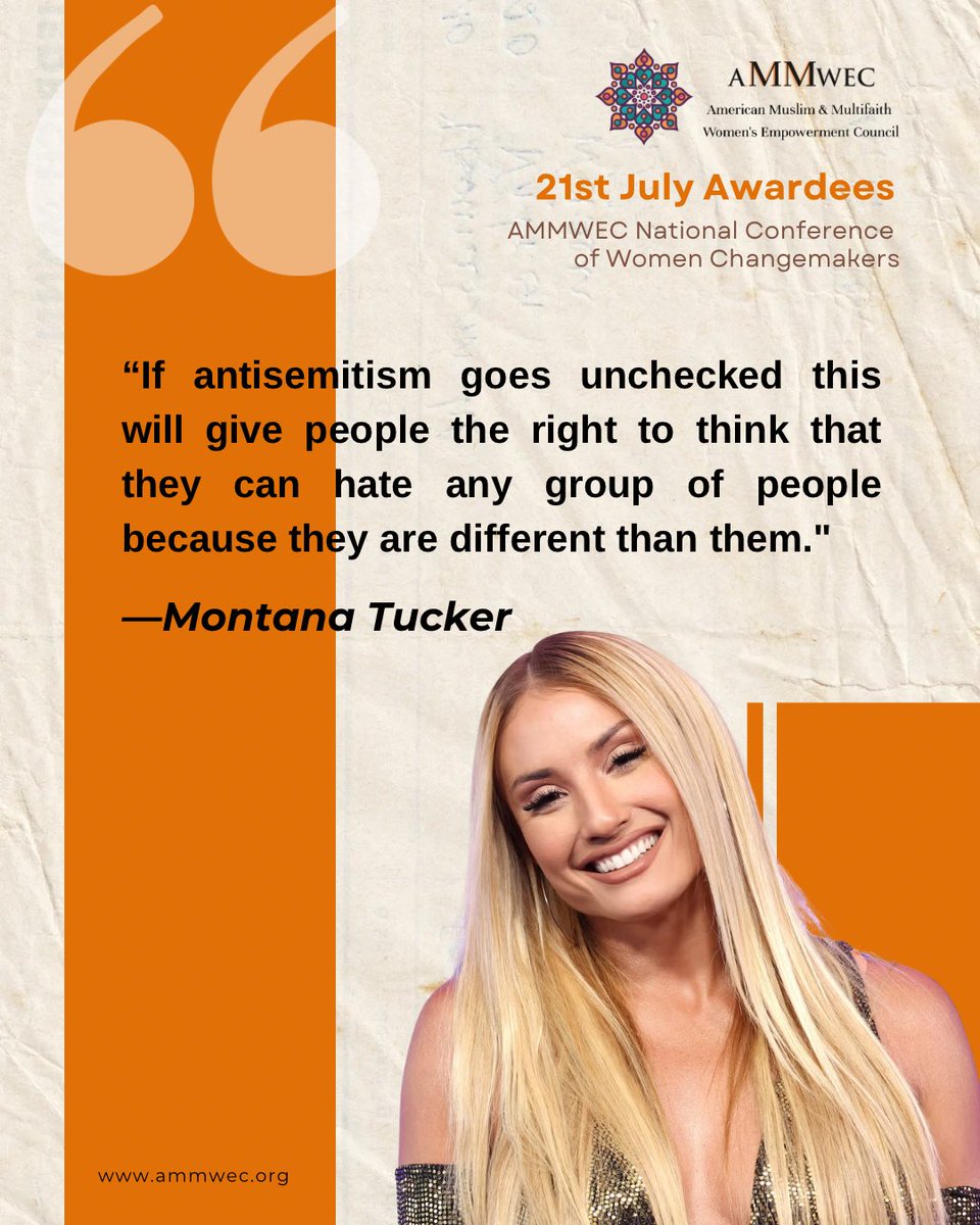 ammwecofficial's tweet image. We’re honored to recognize @montanatucker the upcoming AMMWEC Women Changemakers Conference on July 21st for her powerful advocacy and unwavering voice against hate and injustice. @ammweccoalition @anilaali
Her commitment to education, remembrance, and unity continues to…