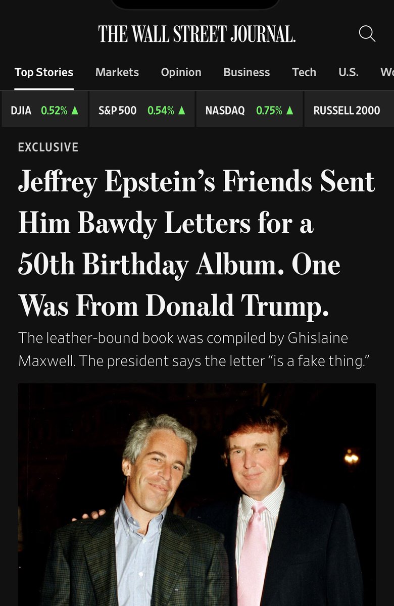 Morgan_C_Ross's tweet image. Holy cow. Trump and Epstein… openly talking about “having certain things in common”….  WSJ dropping some gross Trump/Epstein news today. Gross. wsj.com/politics/trump…