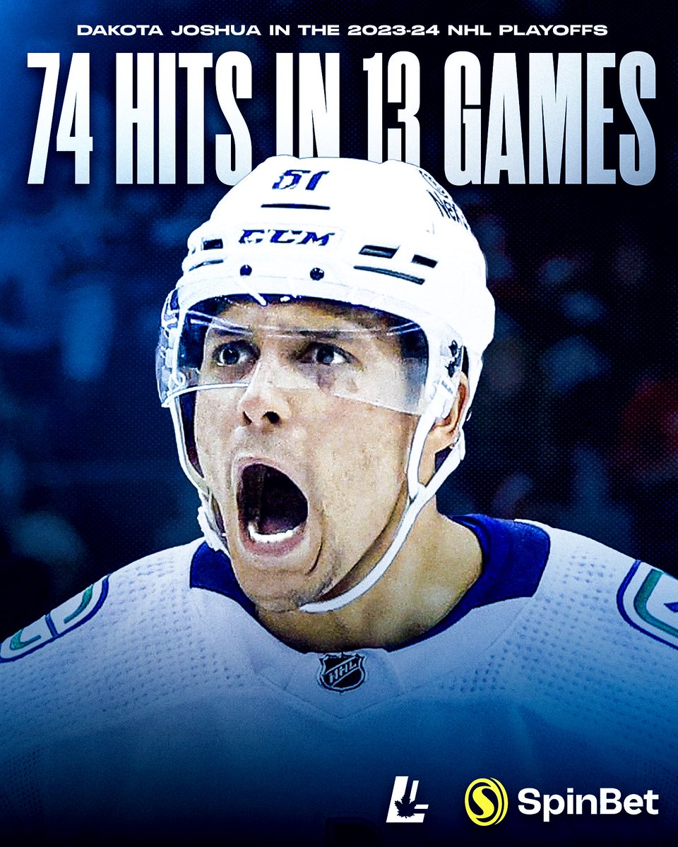 Laying the body on the biggest stage. ‼️

In the 2023–24 NHL playoffs with the Canucks, Dakota Joshua laid out 74 hits in 13 games.

= 5.7 hits/game. 🍁🔥

— <a href="/LeafsUpdates21/">Leafs Updates</a> 

#LeafsForever