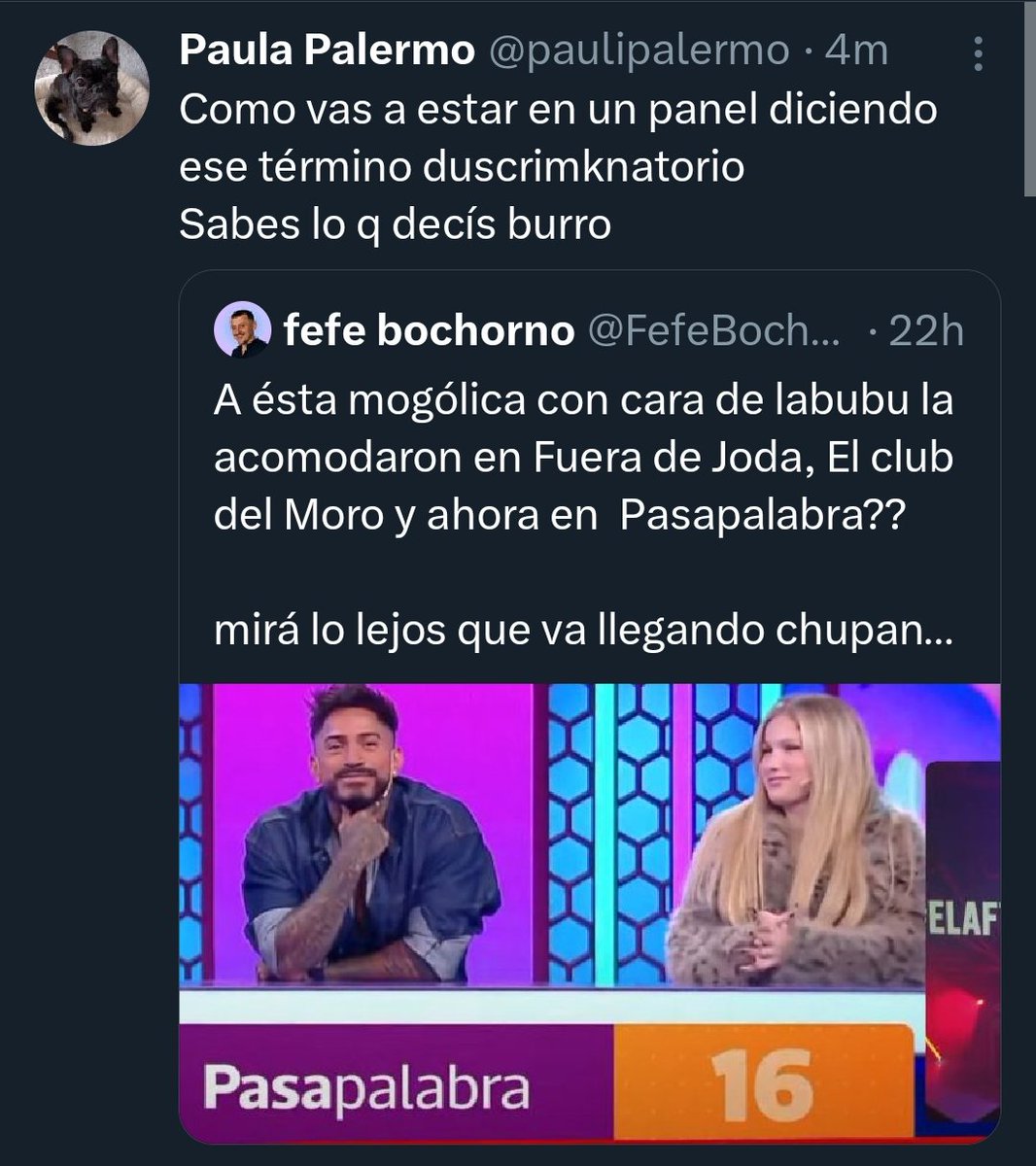 FefeBochorno's tweet photo. "Duscrimknatorio"

@paulipalermo tuviste un ACV cuando escribiste eso o tenés el mismo nivel de retraso mental que Lucia? 

Y si no te gusta como soy en LAM, chupate una pija así como lo hace Luchi con los productores de Telefé https://t.co/G12929qMJr